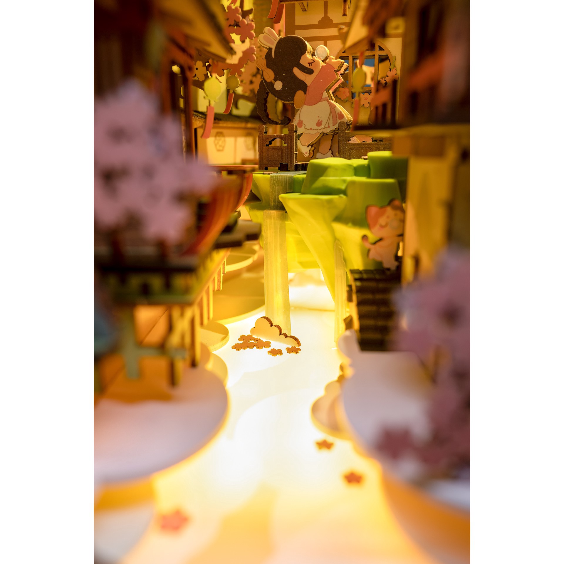 slide 3 of 9, Robotime Rolife Falling Sakura Diy Book Nook Shelf Insert Kit, 3.98 in x 7.36 in x 9.53 in