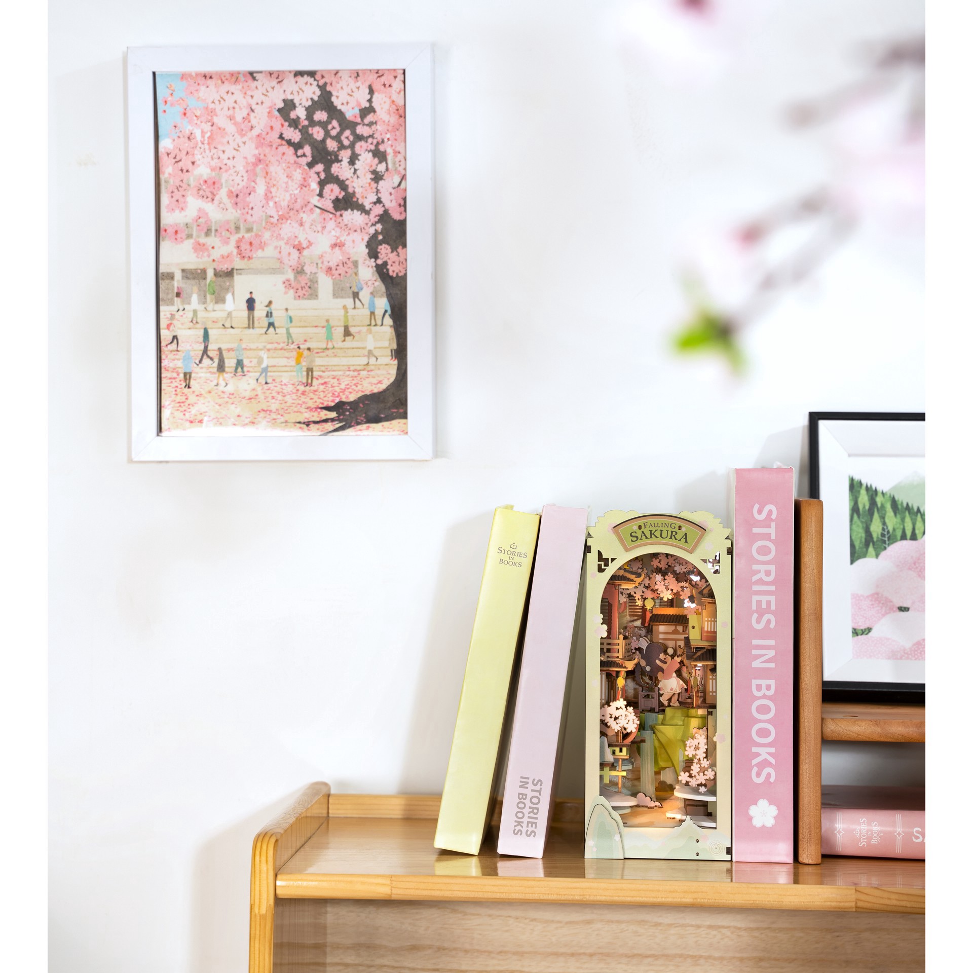 slide 6 of 9, Robotime Rolife Falling Sakura Diy Book Nook Shelf Insert Kit, 3.98 in x 7.36 in x 9.53 in