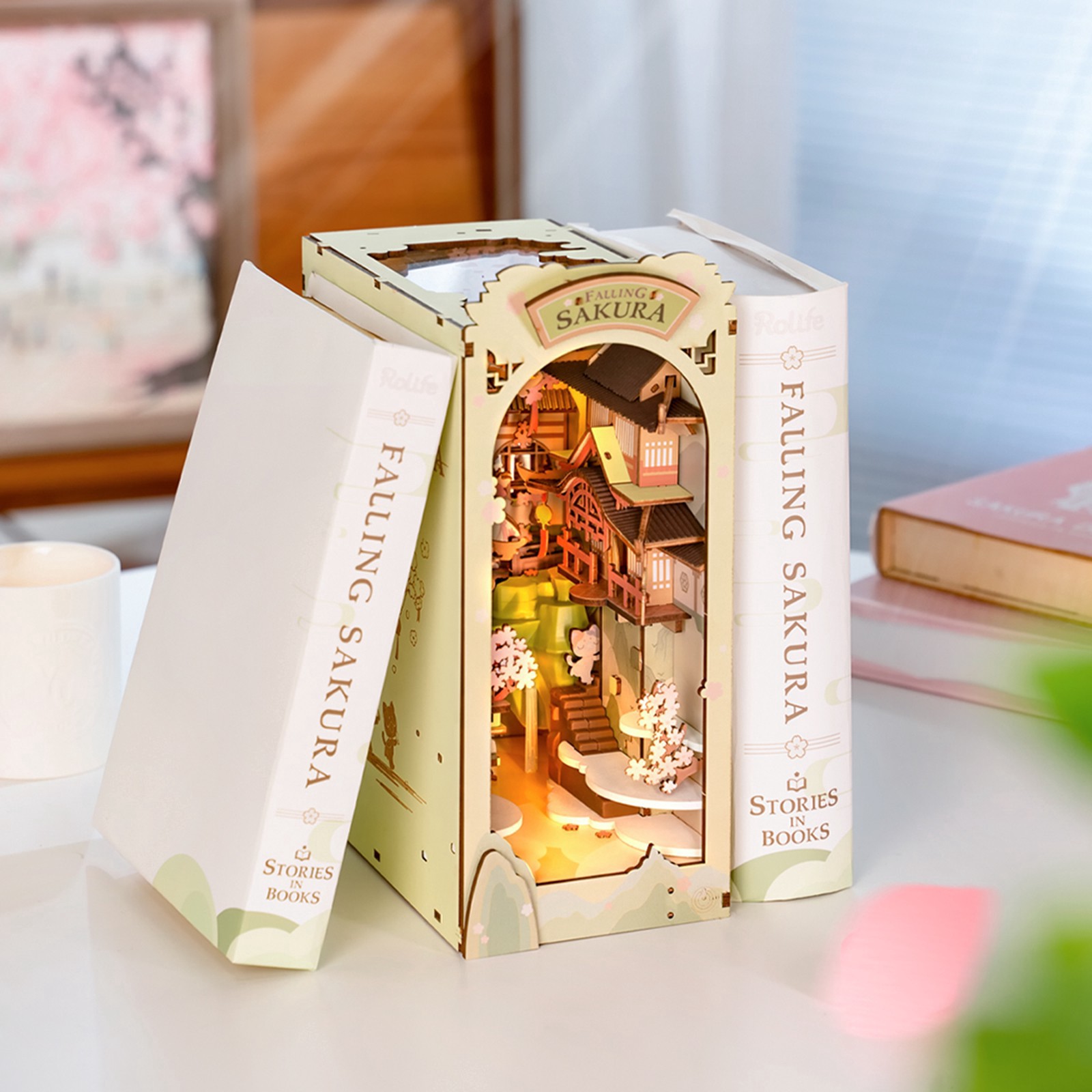 slide 9 of 9, Robotime Rolife Falling Sakura Diy Book Nook Shelf Insert Kit, 3.98 in x 7.36 in x 9.53 in
