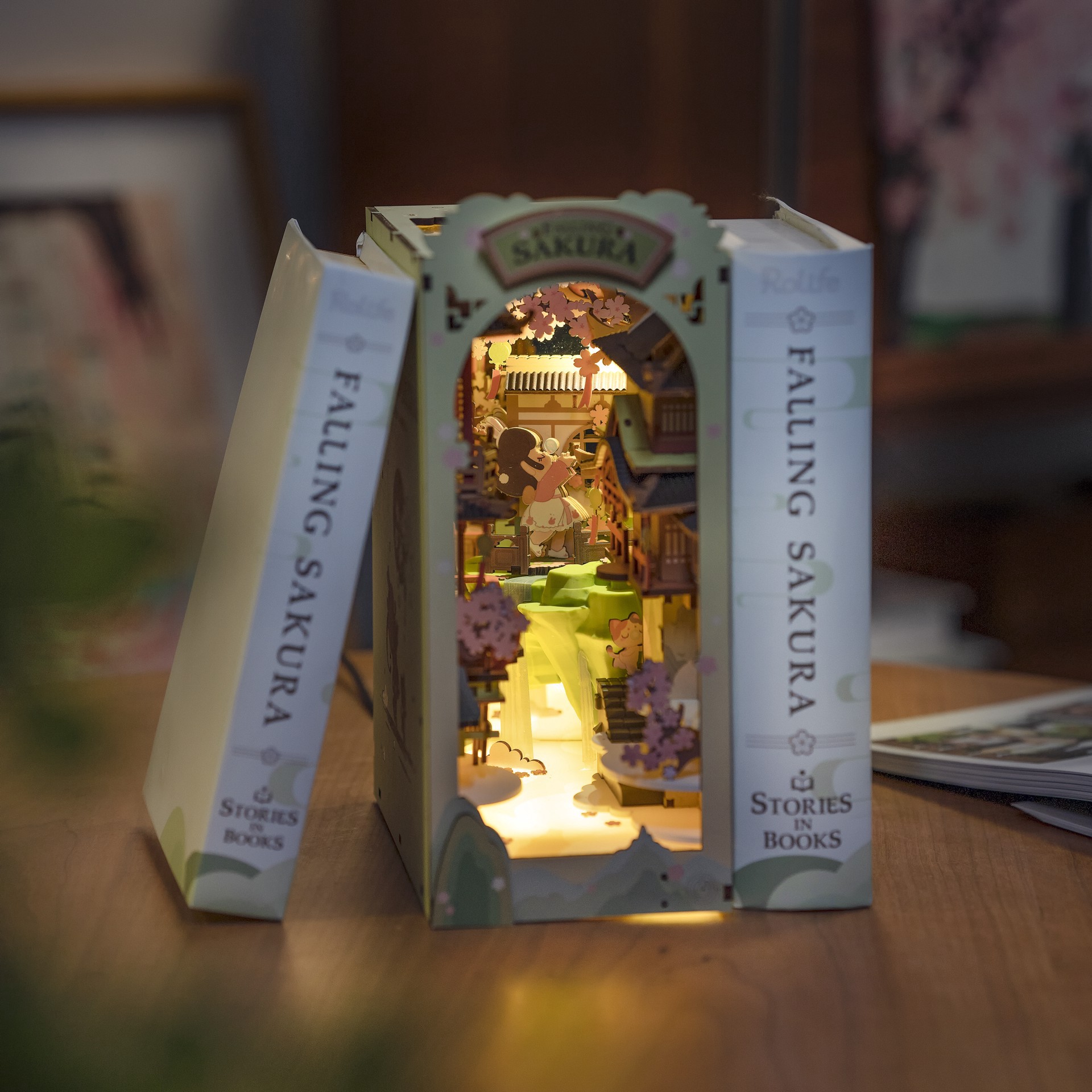 slide 8 of 9, Robotime Rolife Falling Sakura Diy Book Nook Shelf Insert Kit, 3.98 in x 7.36 in x 9.53 in