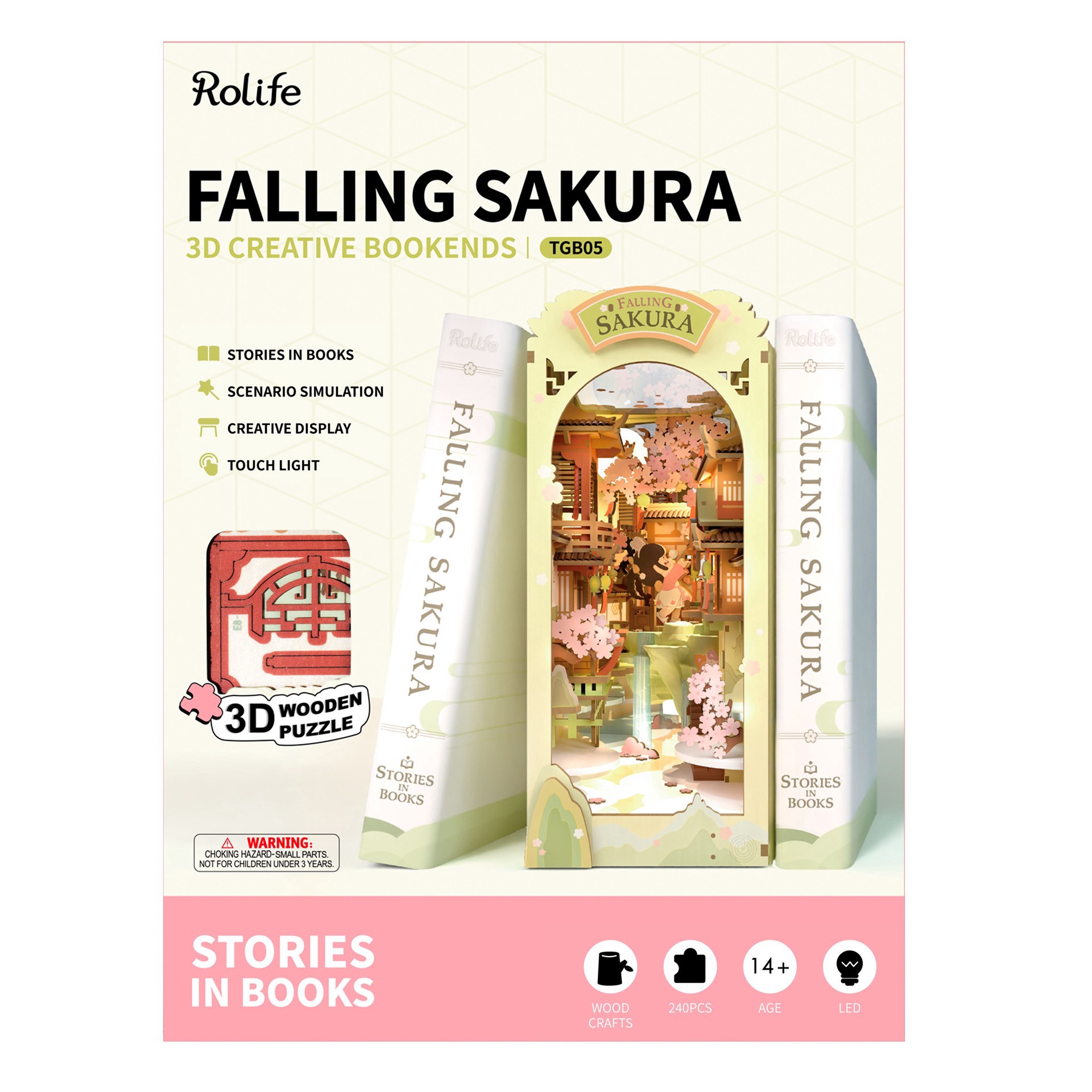 slide 7 of 9, Robotime Rolife Falling Sakura Diy Book Nook Shelf Insert Kit, 3.98 in x 7.36 in x 9.53 in