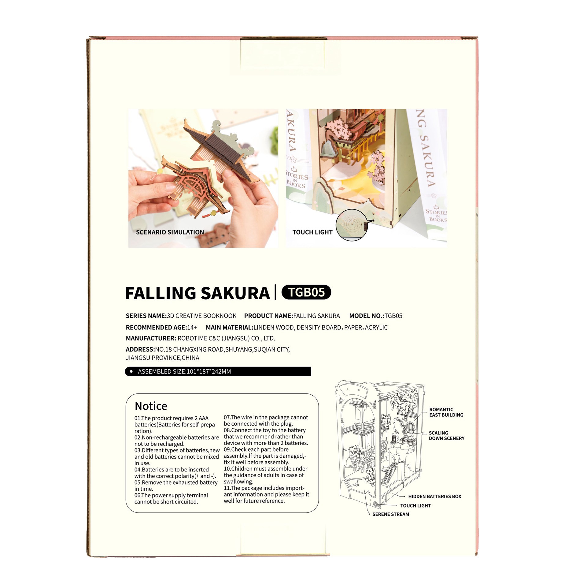 slide 5 of 9, Robotime Rolife Falling Sakura Diy Book Nook Shelf Insert Kit, 3.98 in x 7.36 in x 9.53 in