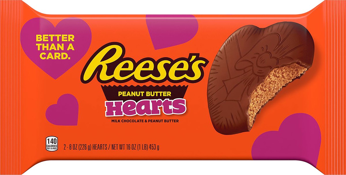slide 1 of 8, REESE'S Milk Chocolate Peanut Butter Hearts Candy, Valentine's Day, 16 oz, Packs (6 Count), 8 oz