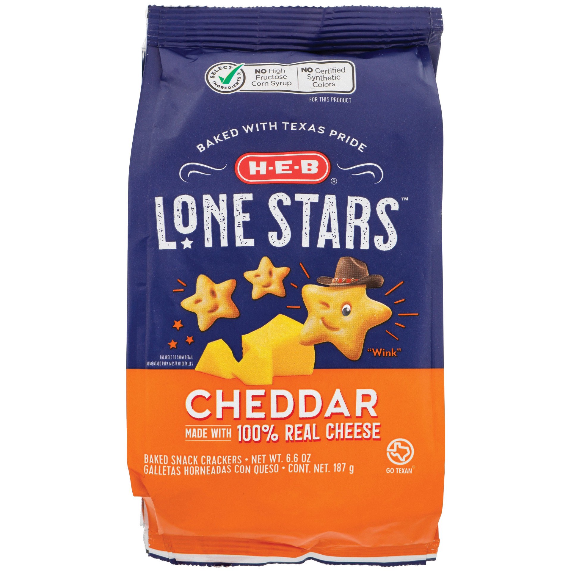 slide 1 of 1, H-E-B Cheddar Lone Stars Baked Snack Crackers, 6.6 oz