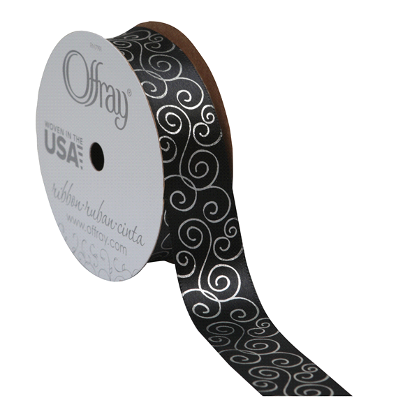 slide 1 of 1, Offray Ribbon Met Scroll Black 0.875X, 9 ft