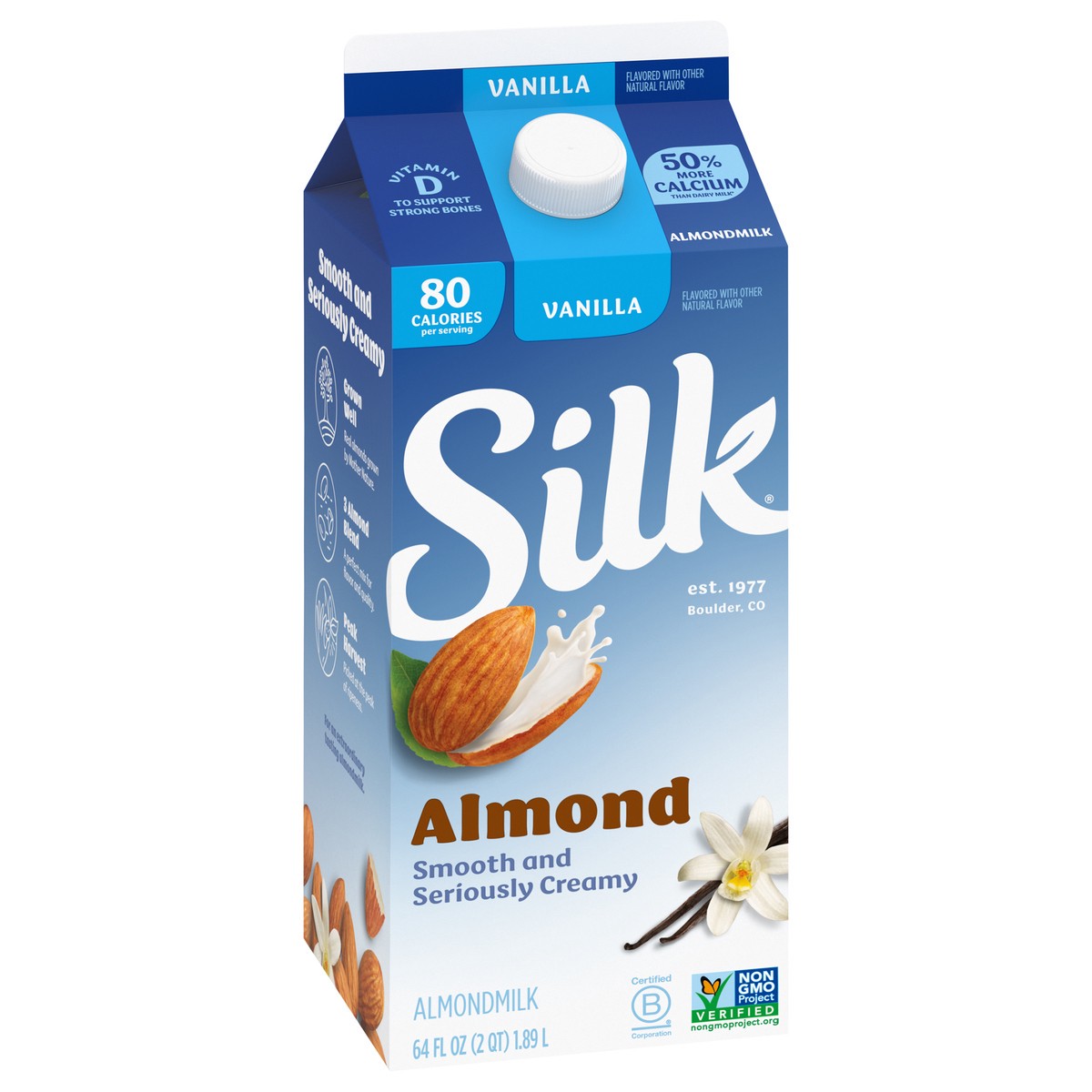 slide 2 of 9, Silk Almond Milk, Vanilla, Dairy Free, Gluten Free, 64 FL OZ Half Gallon, 64 fl oz