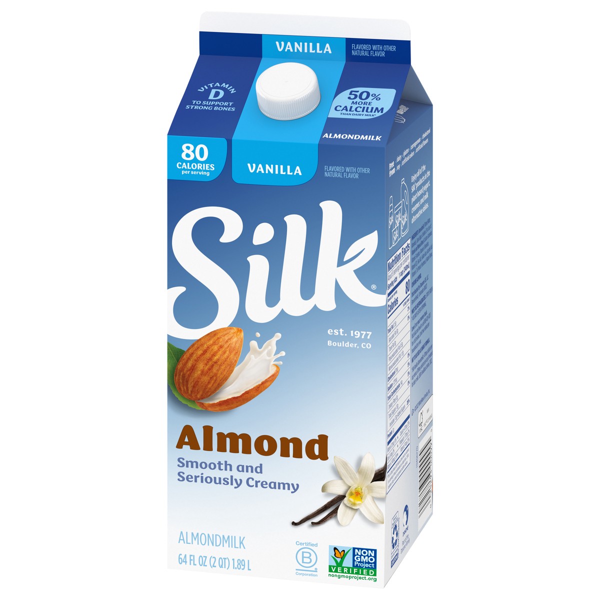 slide 5 of 9, Silk Almond Milk, Vanilla, Dairy Free, Gluten Free, 64 FL OZ Half Gallon, 64 fl oz