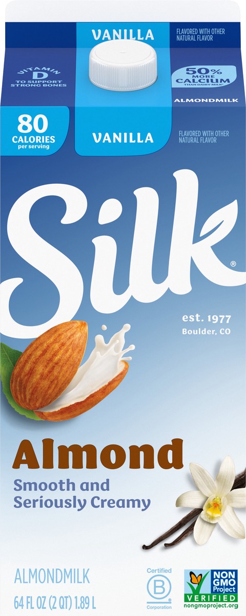 slide 9 of 9, Silk Almond Milk, Vanilla, Dairy Free, Gluten Free, 64 FL OZ Half Gallon, 64 fl oz
