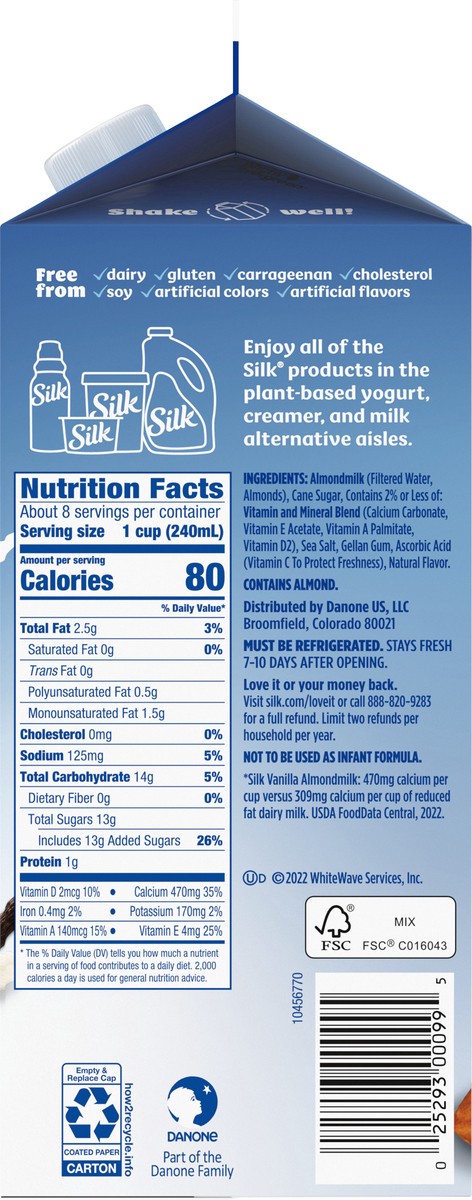 slide 4 of 9, Silk Almond Milk, Vanilla, Dairy Free, Gluten Free, 64 FL OZ Half Gallon, 64 fl oz
