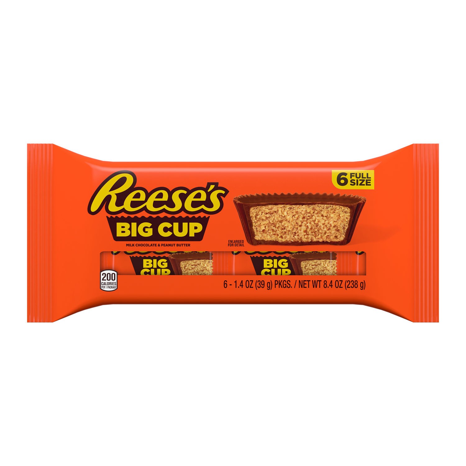 slide 1 of 8, Reese's Big Cup Milk Chocolate Peanut Butter Cups, Candy Packs, 1.4 oz (6 Count), 1.4 oz