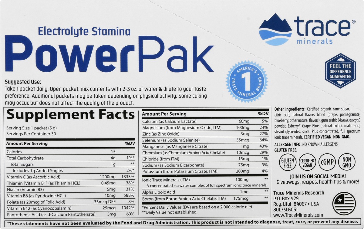 slide 7 of 9, Trace Power Pak Effervescent Pomegranate Blueberry Effervescent Electrolyte Stamina 30 ea, 30 ct