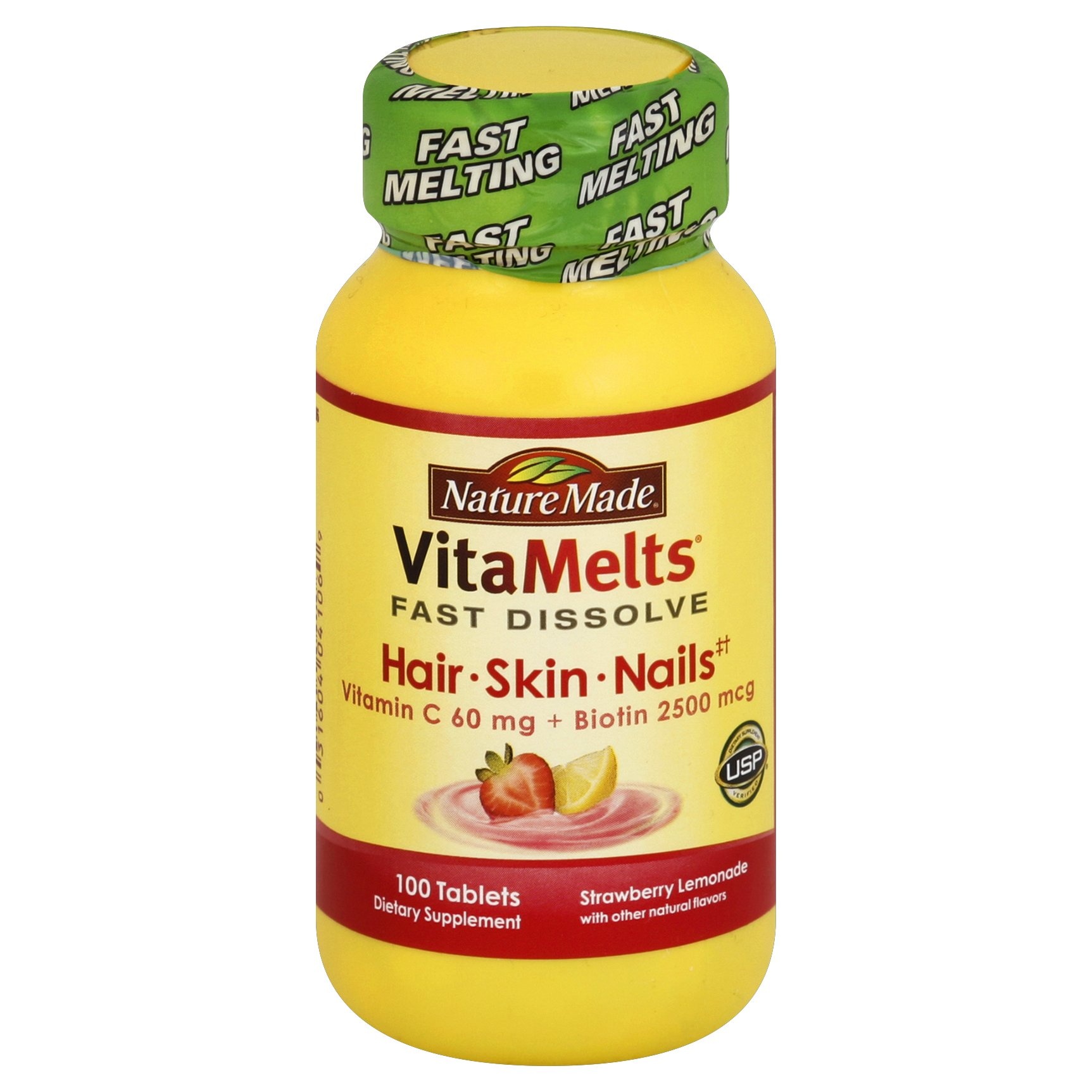 slide 1 of 1, Nature Made VitaMelts Hair, Skin & Nails, Strawberry Lemonade Flavored Tablets, 100 ct