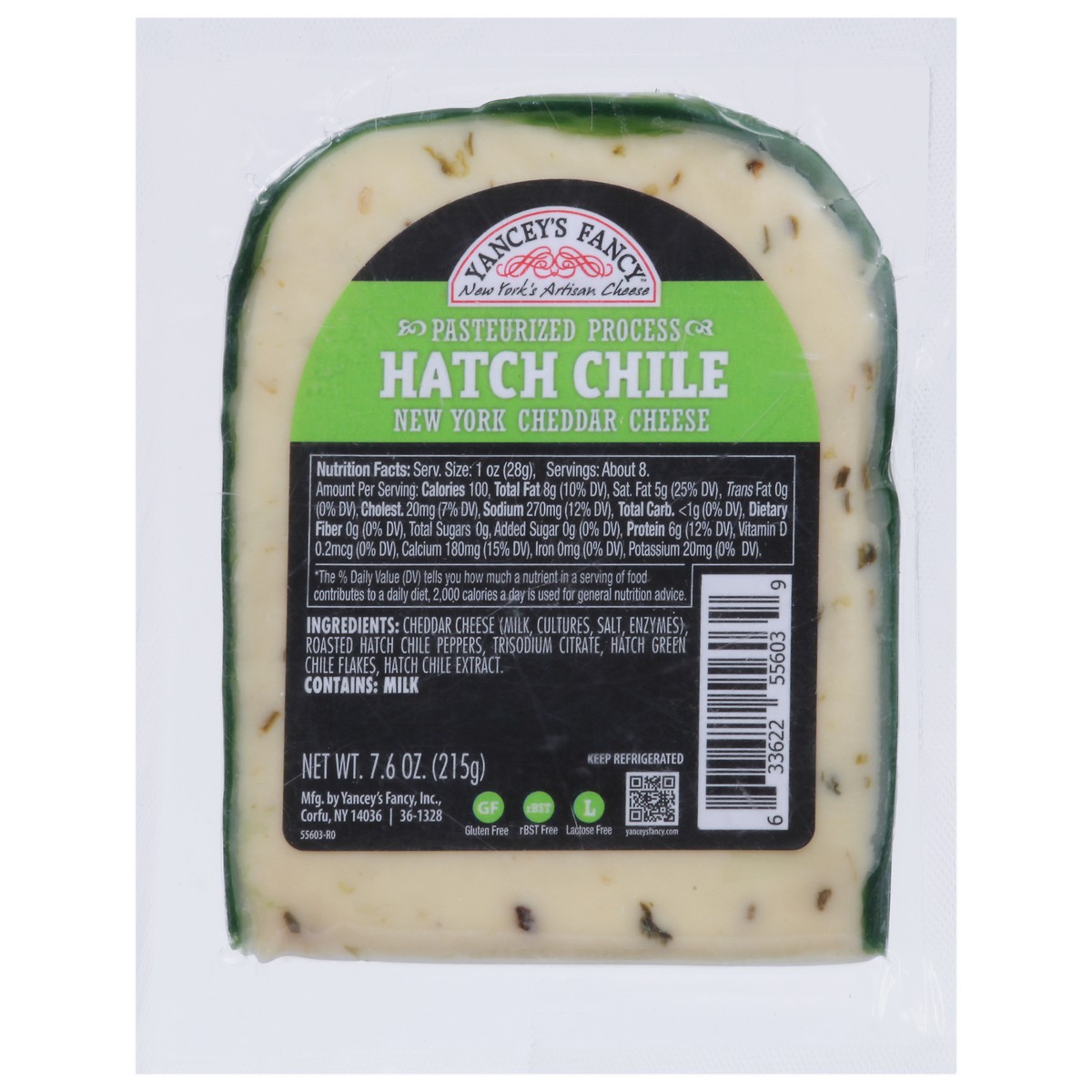 slide 1 of 5, Yancey's Fancy Hatch Chile Cheddar Wedge, 7.6 oz