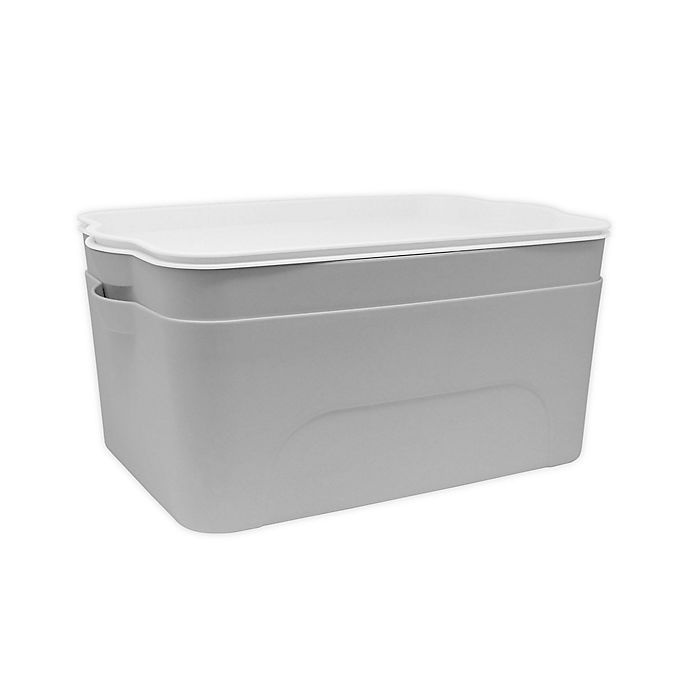 slide 1 of 1, Heritage Medium Plastic Bins with Lids - Light Grey, 2 ct