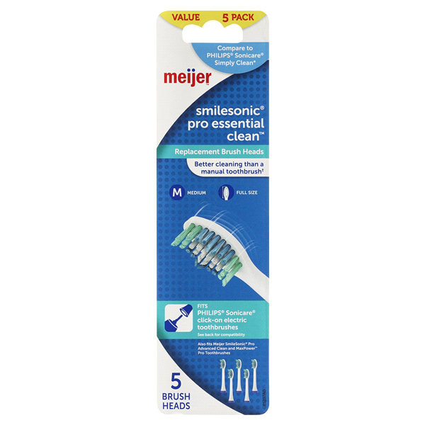 slide 1 of 1, Meijer Smilesonic Pro Essential Clean Replacement Brush Heads, 5 ct
