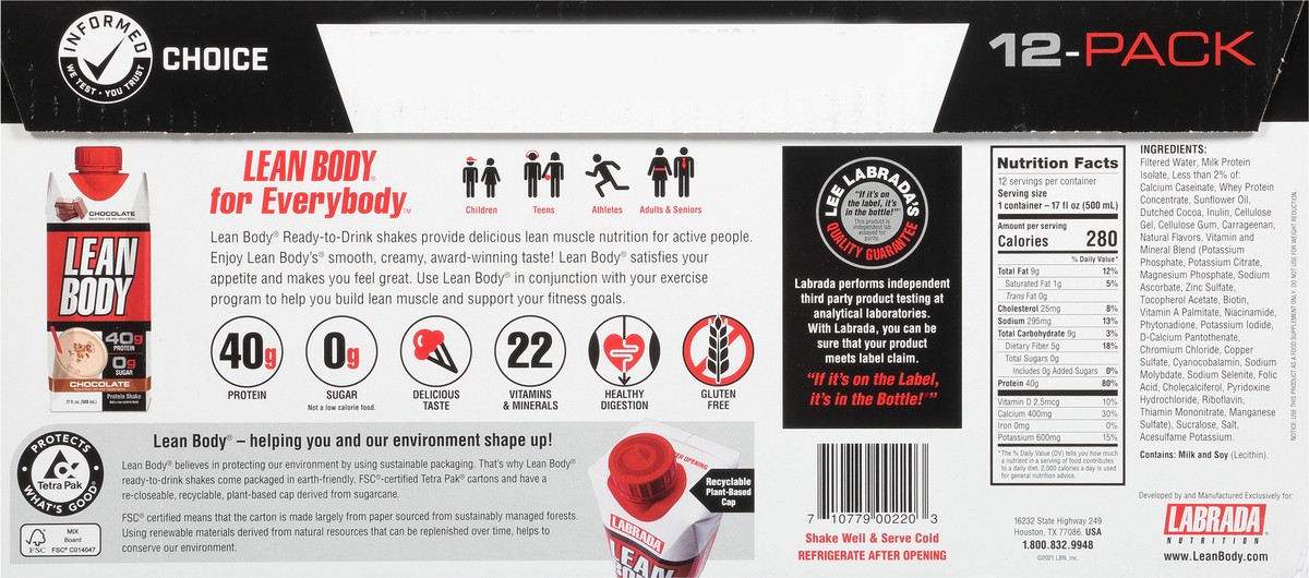 slide 7 of 14, Labrada Lean Body 12 Pack Chocolate Ready-to-Drink Protein Shake 12 - 17 fl oz Cartons, 12 ct