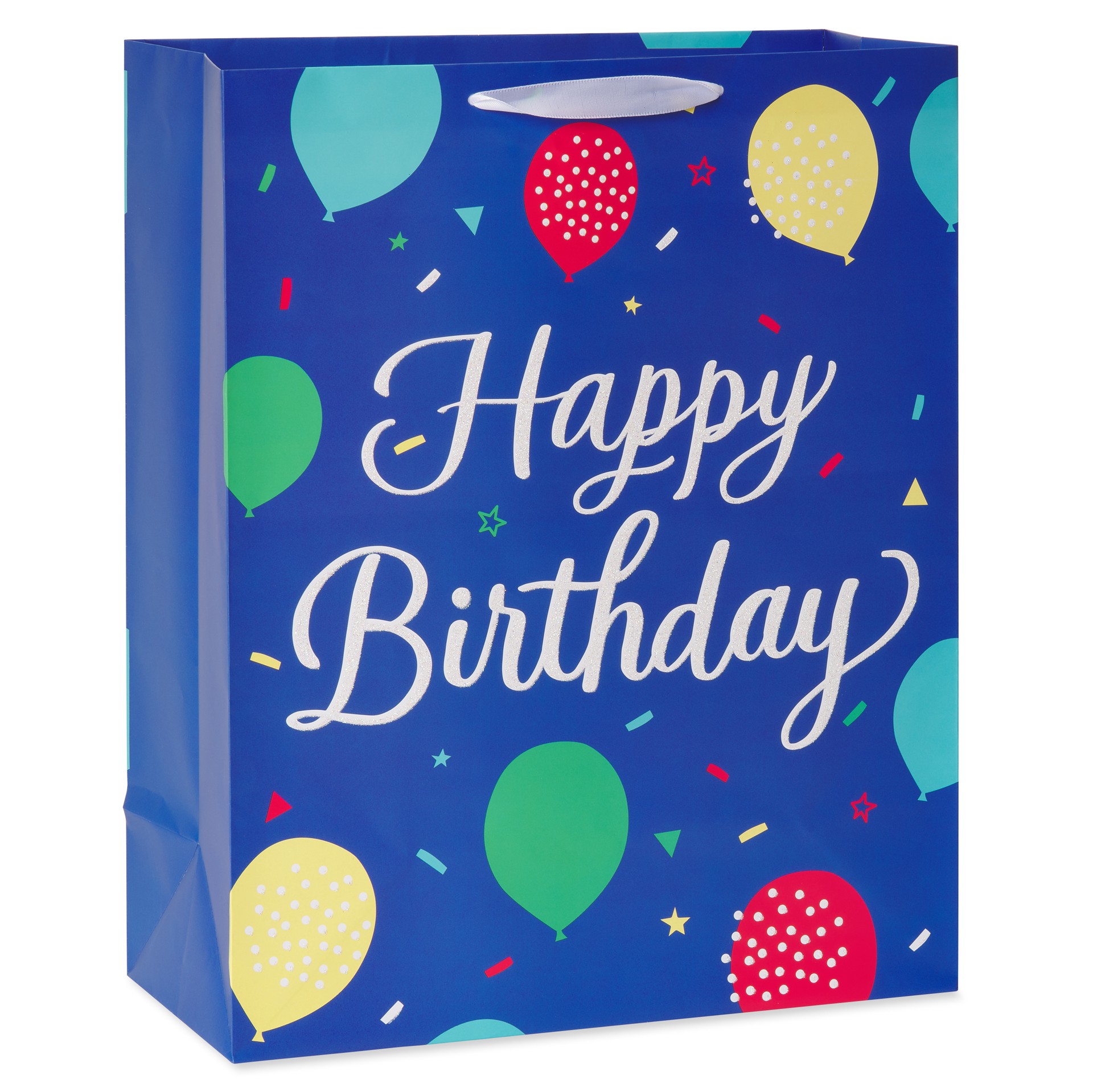 slide 1 of 9, American Greetings Give them extra smiles with an extra large gift bag. This design features “Happy Birthday” written in white script against a blue background with colorful balloons. Accents of crystalline add some sparkle and shine. This gift bag is the ideal size for giving large toys, clothing, blankets, electronics, or any oversized gift. Simply add some tissue paper (sold separately) to finish the look, and you're ready to make someone's day so much brighter., 1 ct