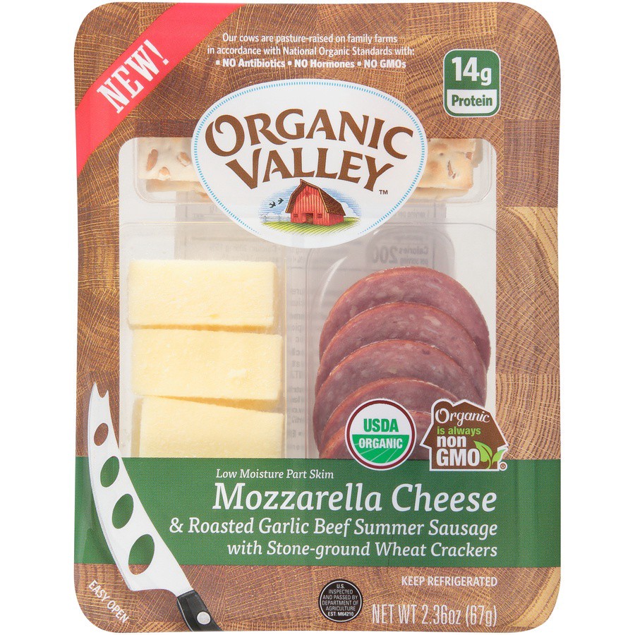 slide 1 of 6, Organic Valley Snack Kit Mozzarella Cheese & Roasted Garlic Beef Summer Sausage, 2.36 oz