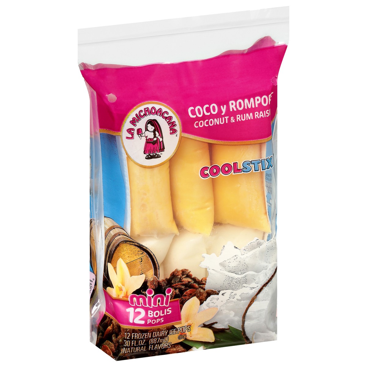 slide 6 of 9, La Michoacana CoolStix Frozen Dairy Coconut & Rum Raisin Ice Pops Mini 12 ea, 2.5 oz