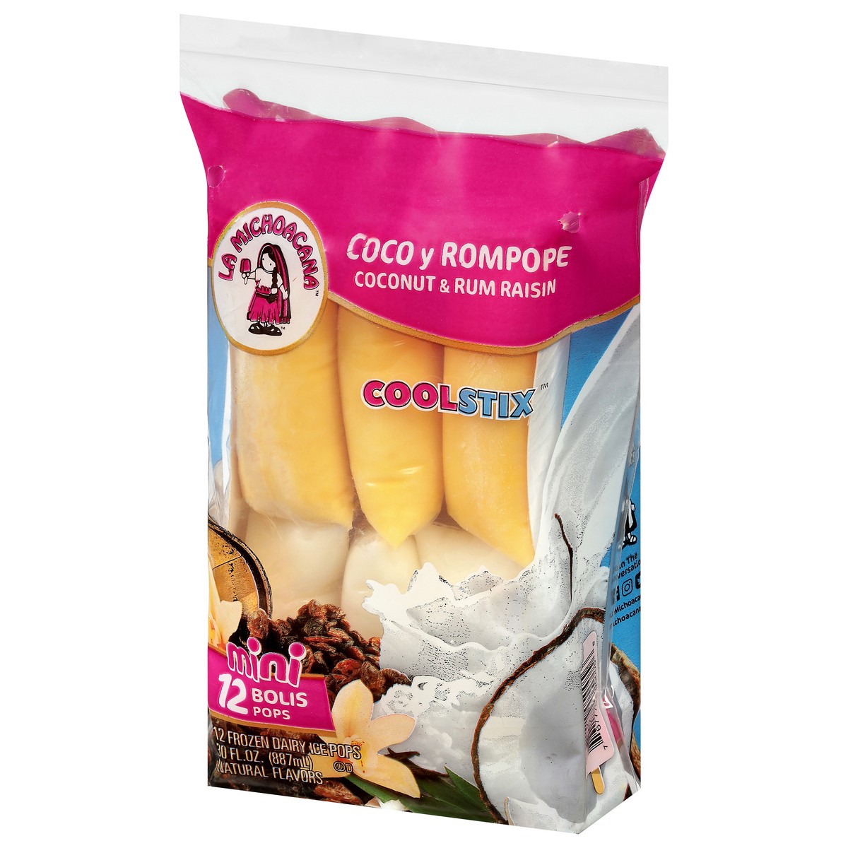 slide 4 of 9, La Michoacana CoolStix Frozen Dairy Coconut & Rum Raisin Ice Pops Mini 12 ea, 2.5 oz