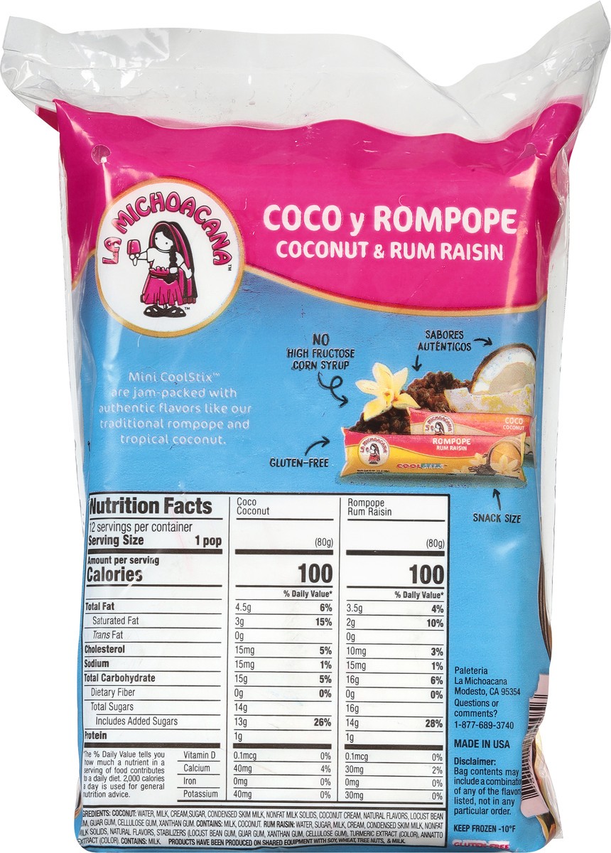 slide 9 of 9, La Michoacana CoolStix Frozen Dairy Coconut & Rum Raisin Ice Pops Mini 12 ea, 2.5 oz