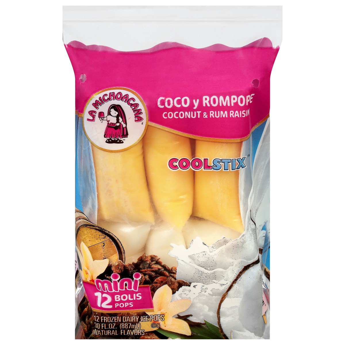 slide 1 of 9, La Michoacana CoolStix Frozen Dairy Coconut & Rum Raisin Ice Pops Mini 12 ea, 2.5 oz