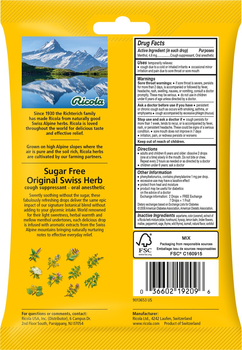 slide 2 of 3, Ricola Sugar-Free Swiss Herb Soothing Cough Drops - Throat Relief & Cough Suppressant, 19 Count, 19 ct