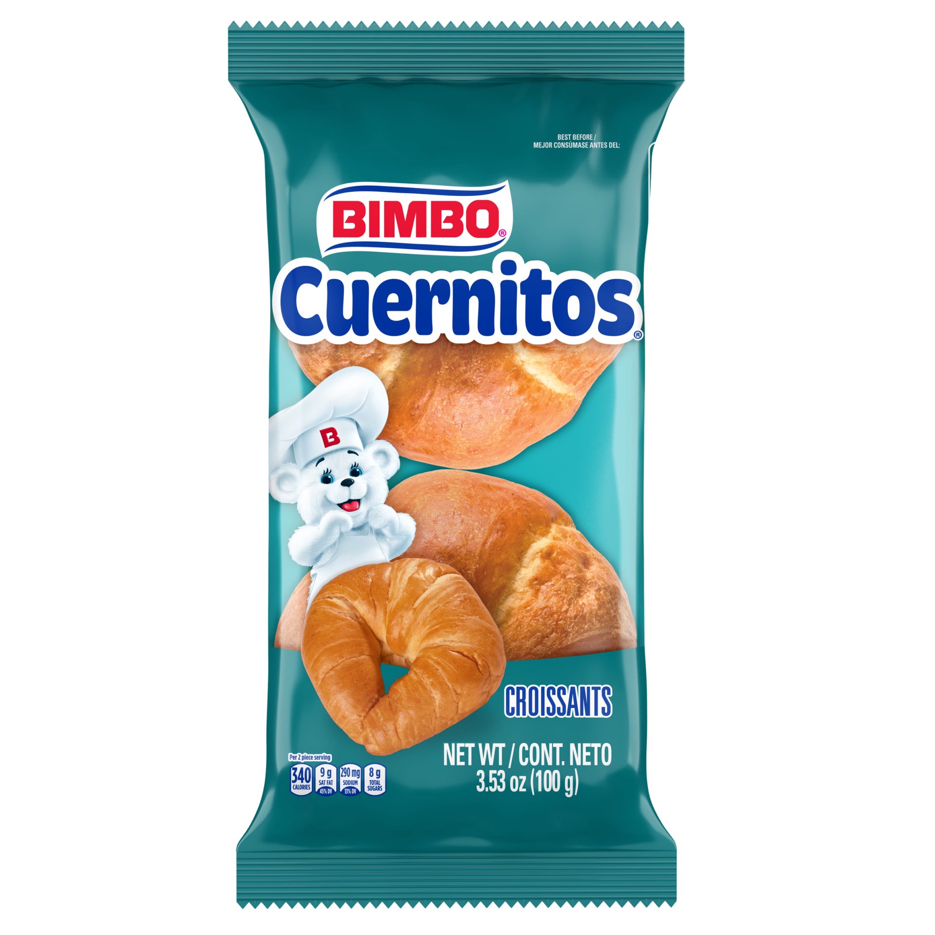 slide 1 of 5, Bimbo Cuernitos Plain Croissants, 2 count, Croissants, 3.53 oz Bag, 2 ct