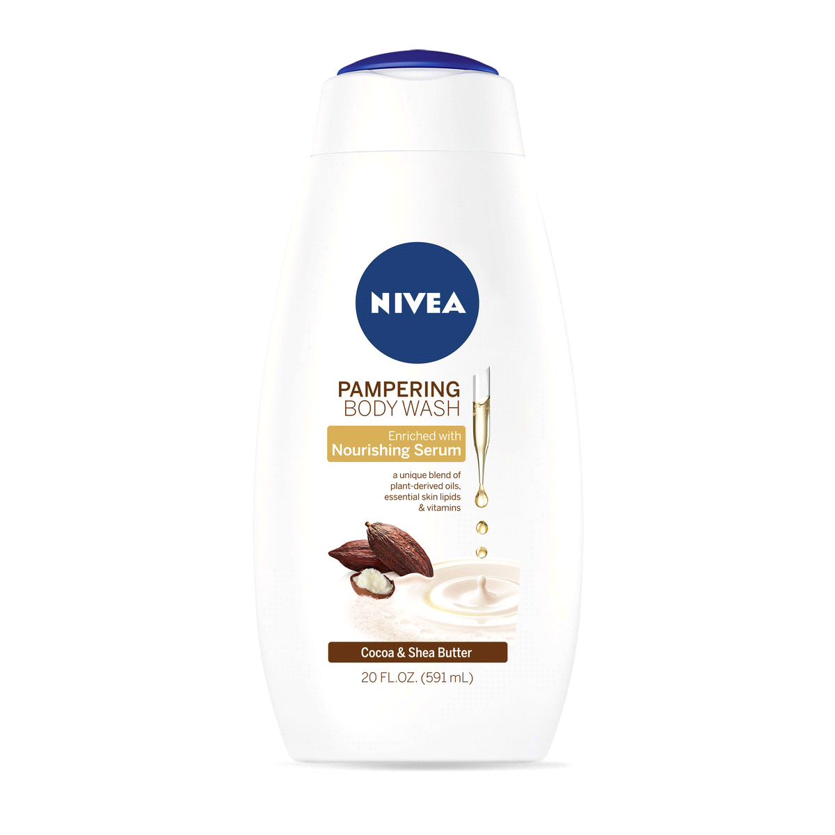 slide 1 of 1, Nivea Pampering Cocoa and Shea Butter Body Wash with Nourishing Serum, 20 oz