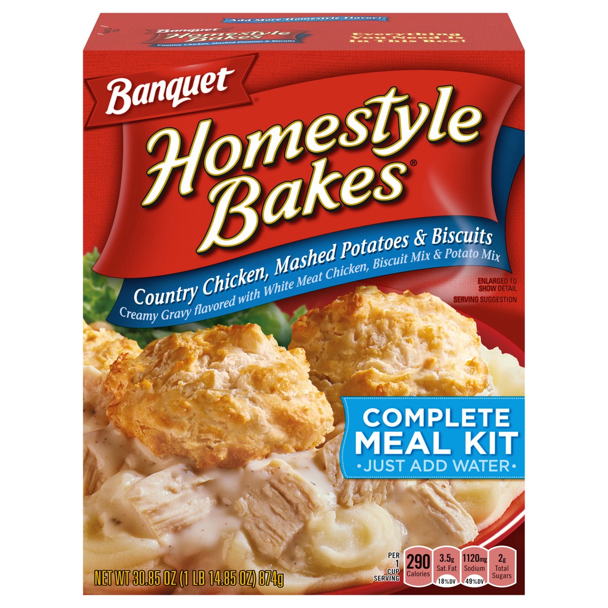 slide 1 of 5, Banquet Homestyle Bakes Country Chicken, Mashed Potatoes and Biscuits, Meal Kit, 30.9 OZ, 30.85 oz