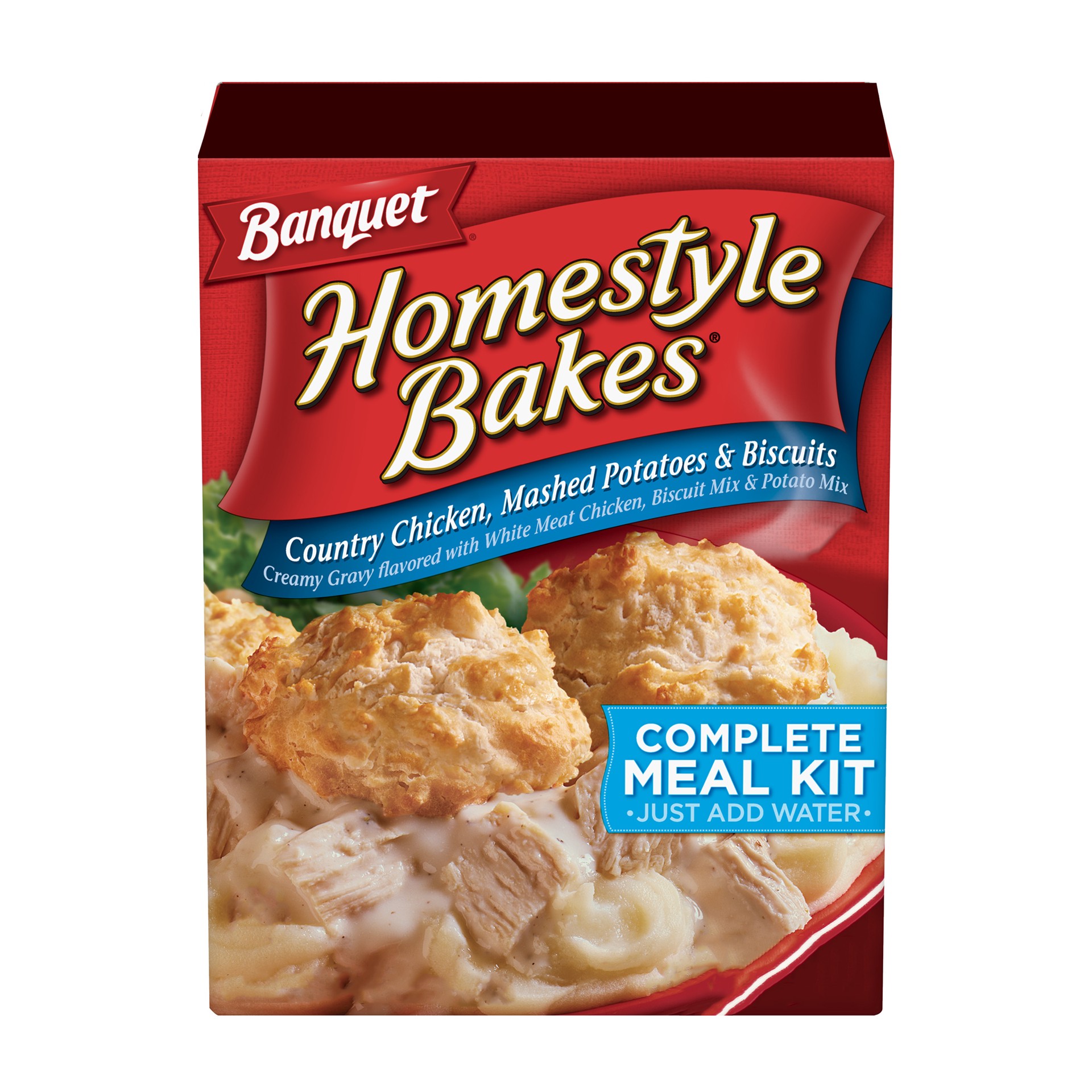 slide 1 of 5, Banquet Homestyle Bakes Country Chicken, Mashed Potatoes and Biscuits, Meal Kit, 30.9 OZ, 30.85 oz