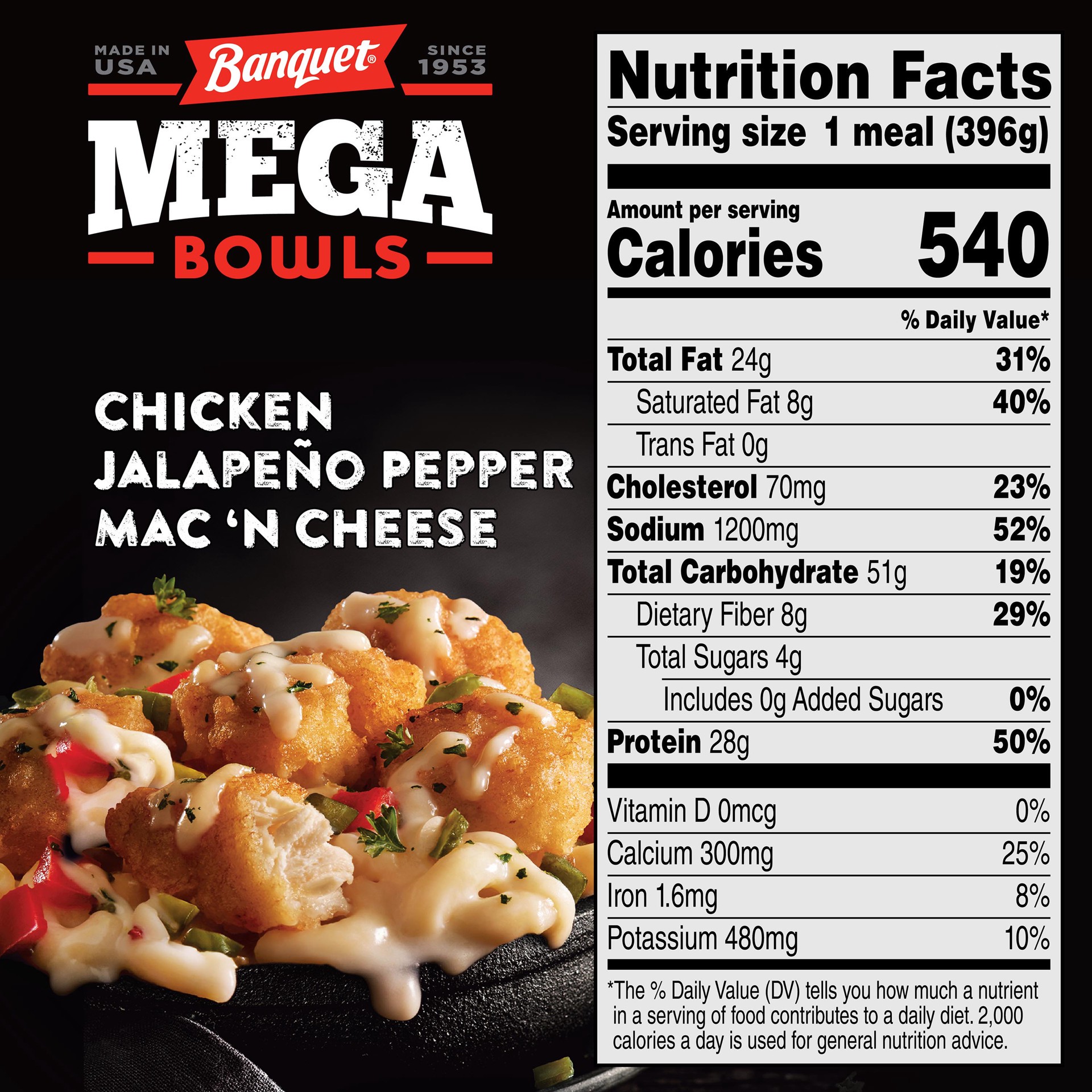 slide 2 of 5, Banquet Mega Bowls Frozen Meal, Chicken Jalapeño Pepper Mac 'N Cheese, 14.05 Ounce, 14 oz