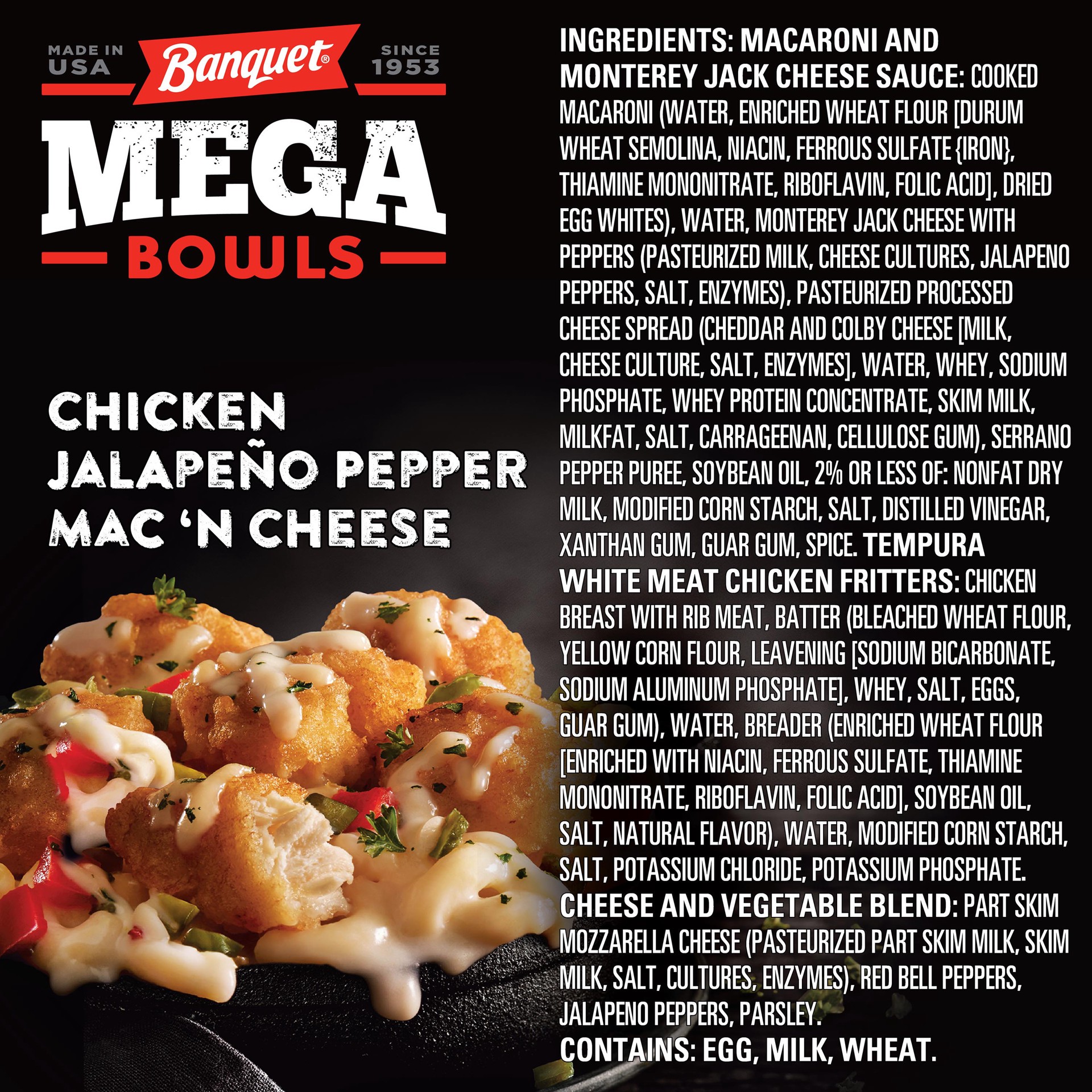 slide 5 of 5, Banquet Mega Bowls Frozen Meal, Chicken Jalapeño Pepper Mac 'N Cheese, 14.05 Ounce, 14 oz