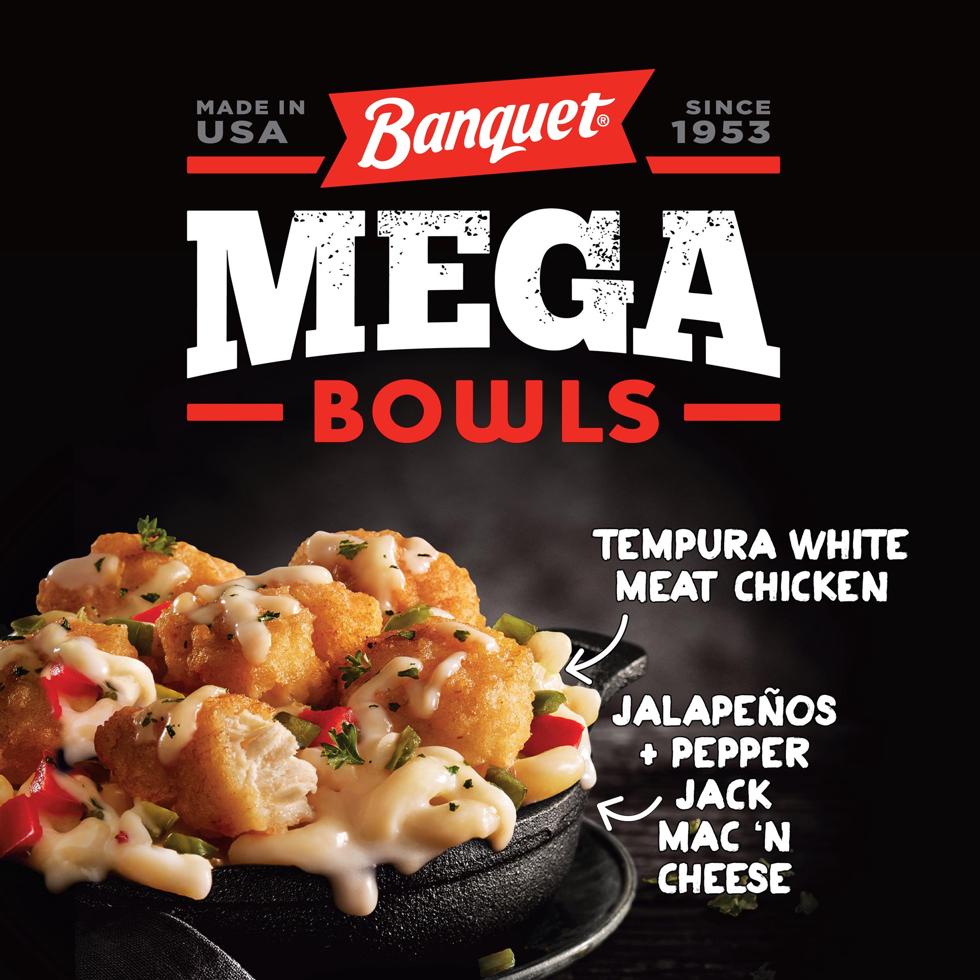 slide 3 of 5, Banquet Mega Bowls Frozen Meal, Chicken Jalapeño Pepper Mac 'N Cheese, 14.05 Ounce, 14 oz