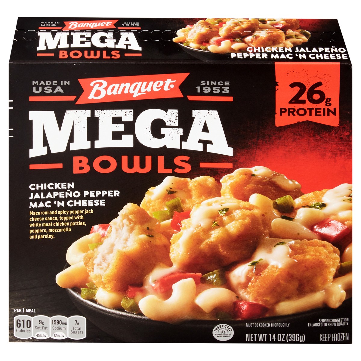 slide 1 of 5, Banquet Mega Bowls Frozen Meal, Chicken Jalapeño Pepper Mac 'N Cheese, 14.05 Ounce, 14 oz