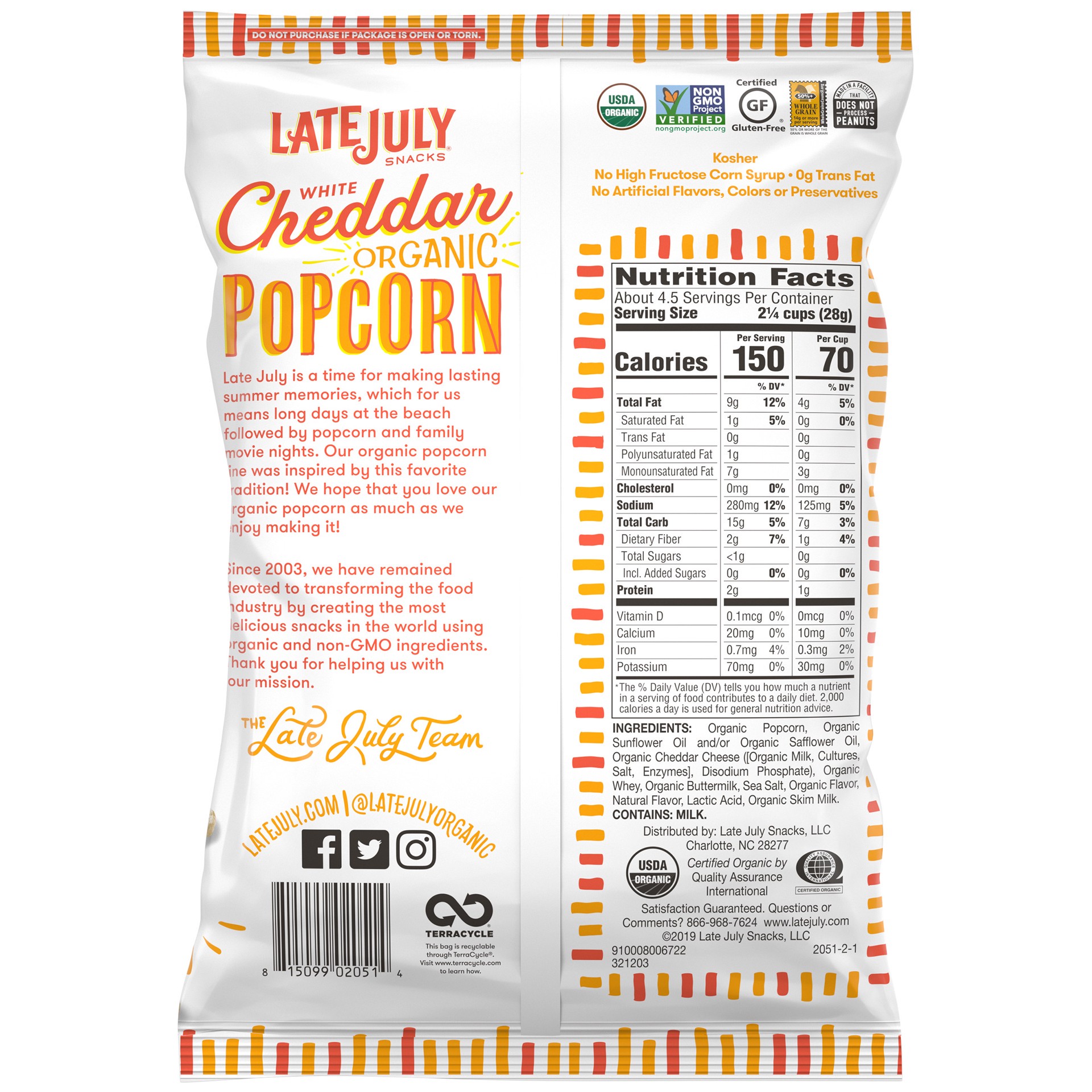 slide 4 of 5, Late July Snacks White Cheddar Organic Popcorn, 4.4 oz