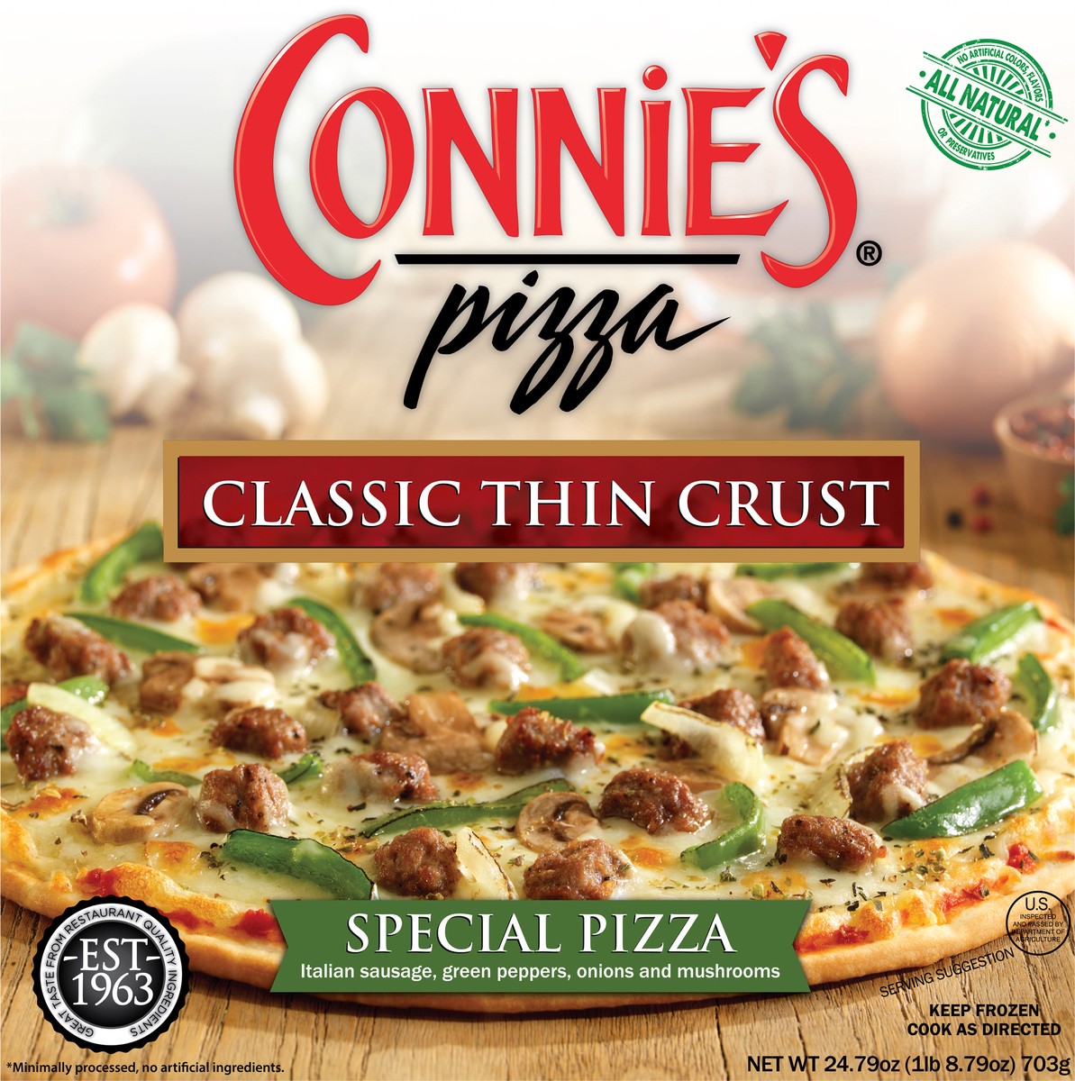 slide 2 of 9, Connie's Classic Thin Crust Special Pizza 24.79 oz, 24.79 oz