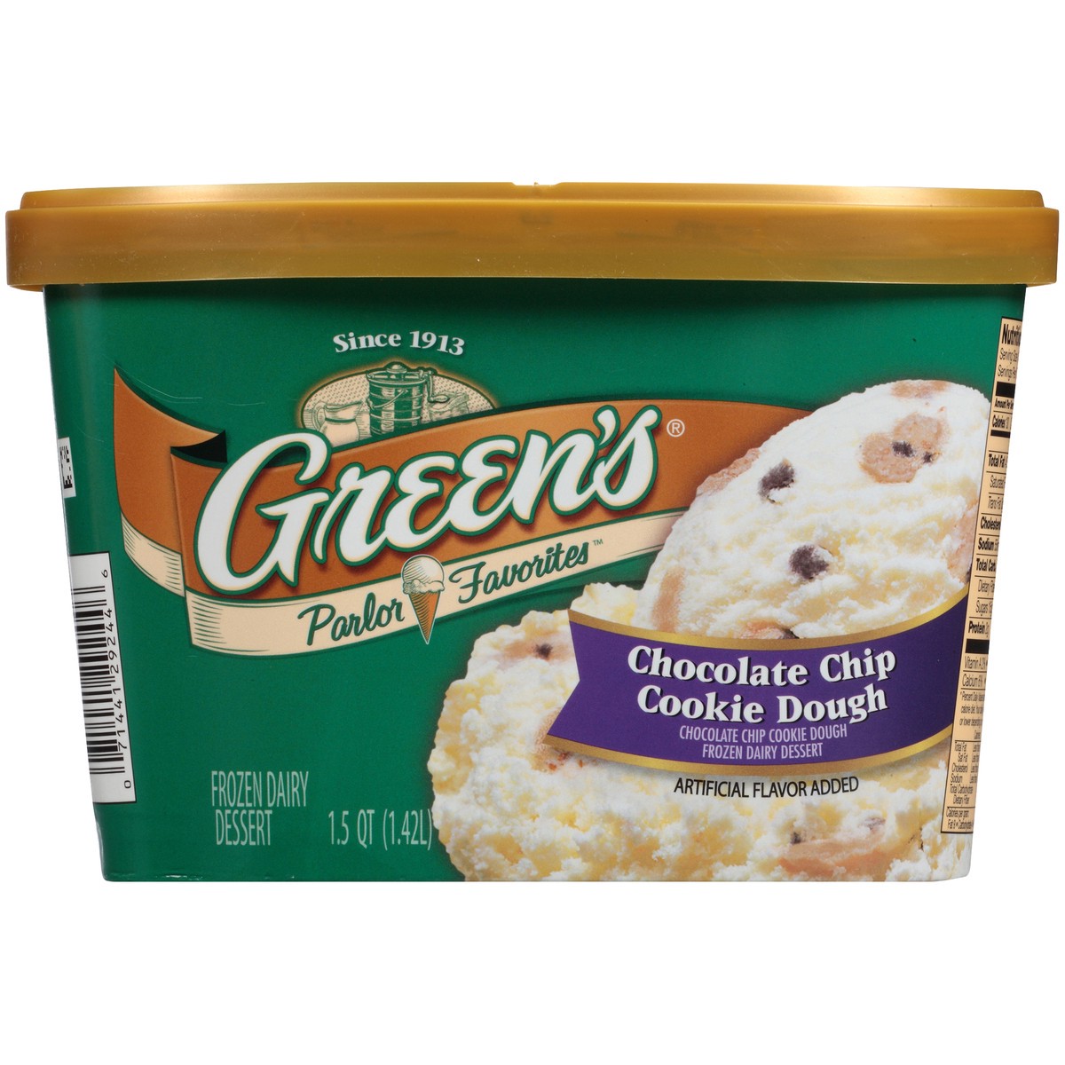 slide 1 of 10, Green's Parlor Favorites Chocolate Chip Cookie Dough Frozen Dairy Dessert 1.5 qt. Carton, 1.42 liter