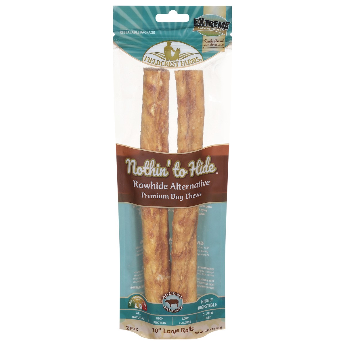 slide 1 of 9, Fieldcrest Farms Nothin' to Hide Premium 10 inches Large Rolls 2 Pack Beef Flavor Dog Chews, 2 ct