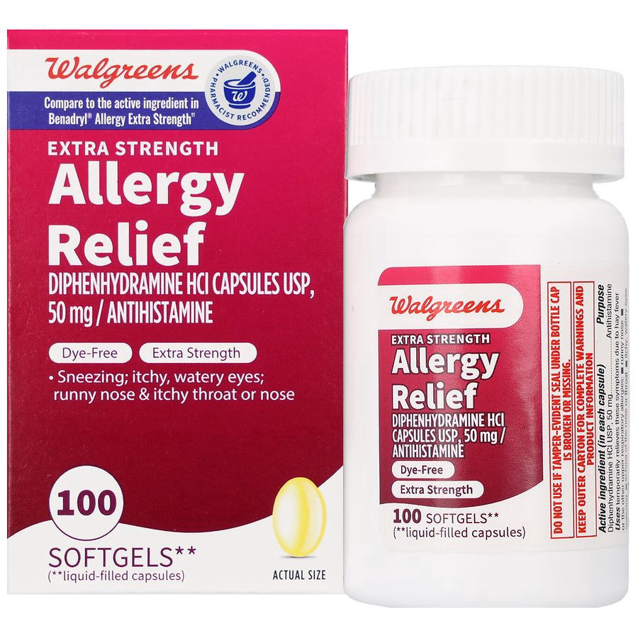 slide 5 of 5, Walgreens Allergy Relief Diphenhydramine HCl USP 50 mg Softgels Extra Strength, 100 ct