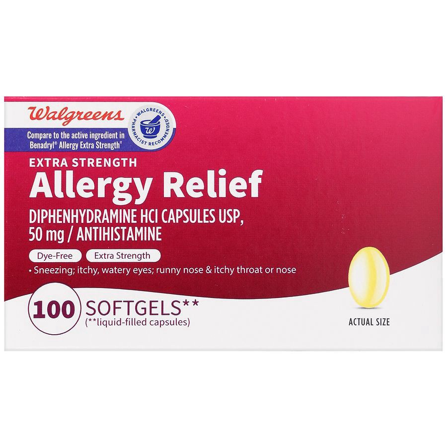 slide 2 of 5, Walgreens Allergy Relief Diphenhydramine HCl USP 50 mg Softgels Extra Strength, 100 ct