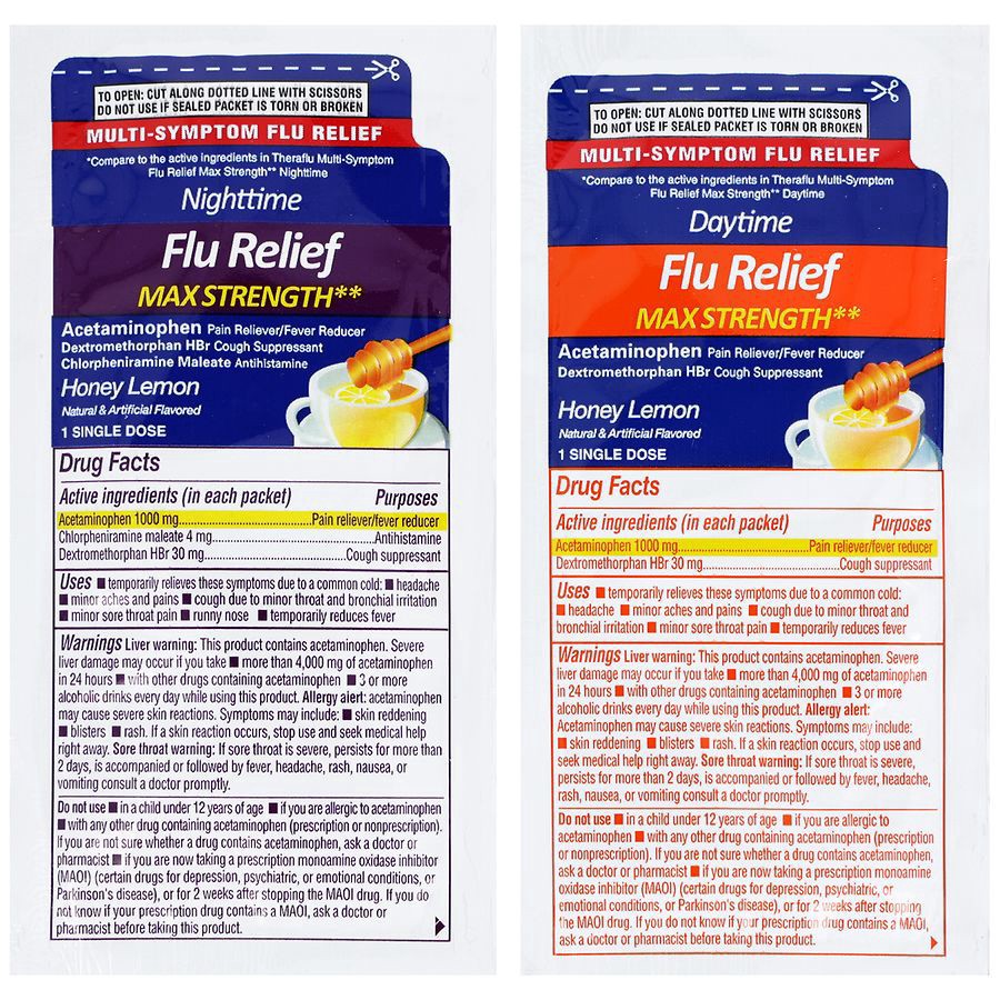 slide 3 of 5, Walgreens Daytime & Nighttime Flu Relief Packets Maximum Strength Honey Lemon, 6 ct x 2 ct