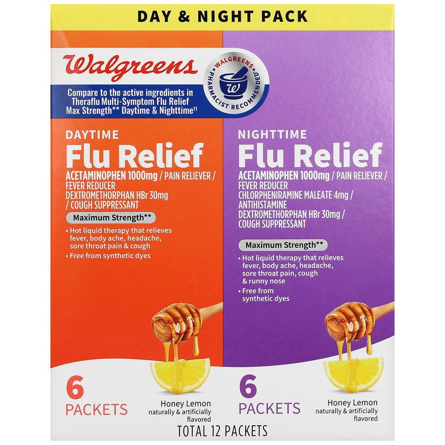 slide 1 of 5, Walgreens Daytime & Nighttime Flu Relief Packets Maximum Strength Honey Lemon, 6 ct x 2 ct