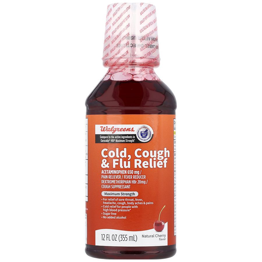slide 1 of 5, Walgreens Cold, Cough & Flu Relief Liquid Maximum Strength Natural Cherry, 12 fl oz