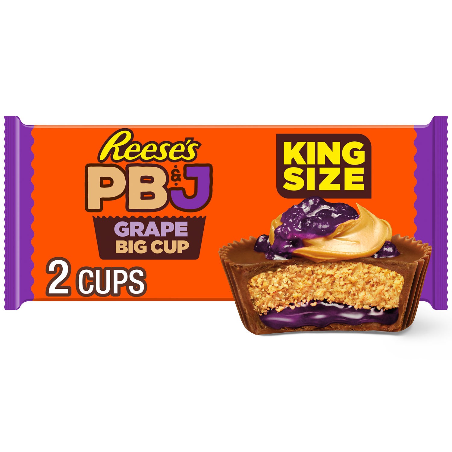 slide 2 of 10, Reese's Big Cup PB&J Grape Milk Chocolate King Size Peanut Butter Cups, Candy Pack, 2.8 oz, 2.80 oz