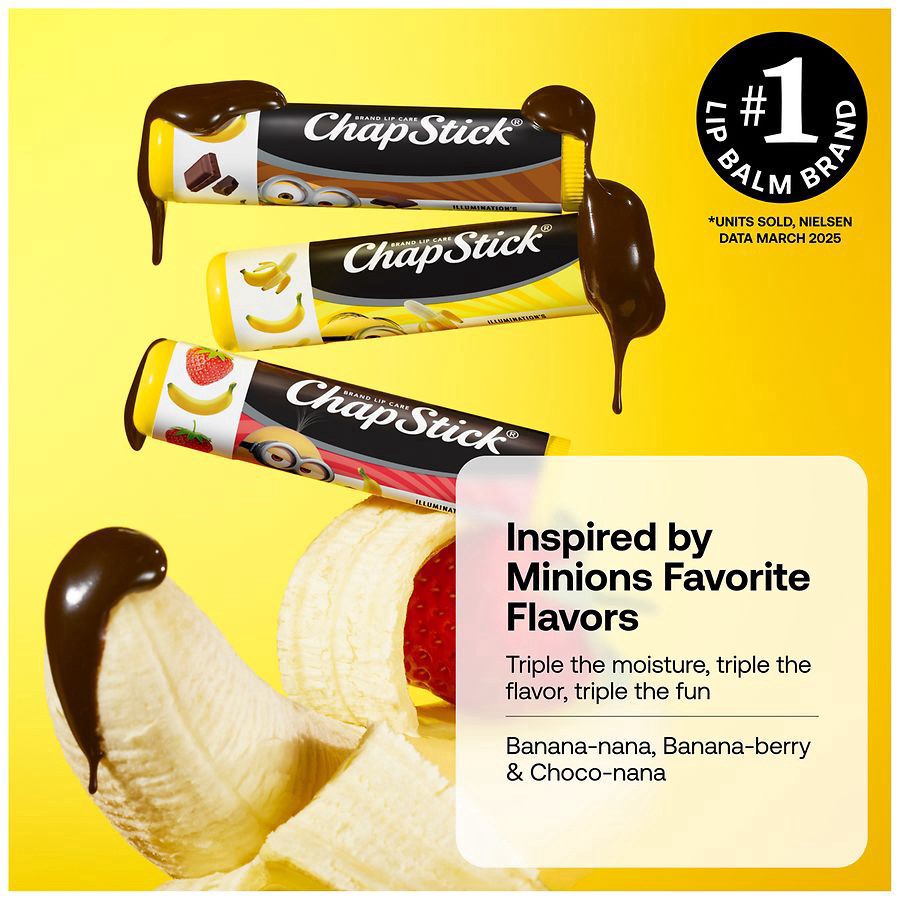 slide 5 of 5, Chapstick Minions Lip Balm, Moisturizing Lip Care for Dry, Chapped Lips Variety Pack Banana-nana, Banana-berry, and Choco-nana, 3 ct; 0.15 oz