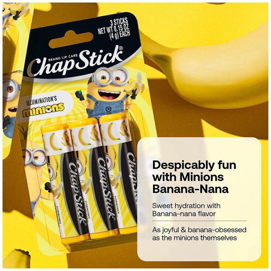 slide 2 of 5, Chapstick Minions Lip Balm, Moisturizing Lip Care for Dry, Chapped Lips Banana-nana, 3 ct; 0.15 oz