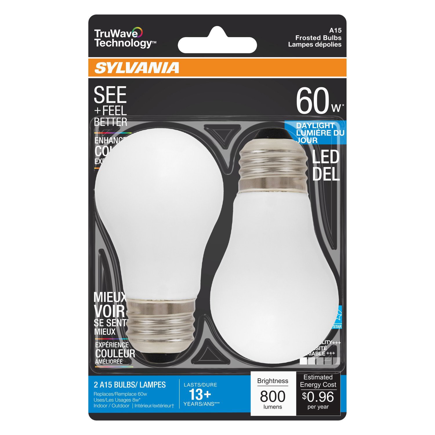 slide 1 of 1, Sylvania TruWave 60-Watt A15 Frost Daylight LED Light Bulbs, 2 ct