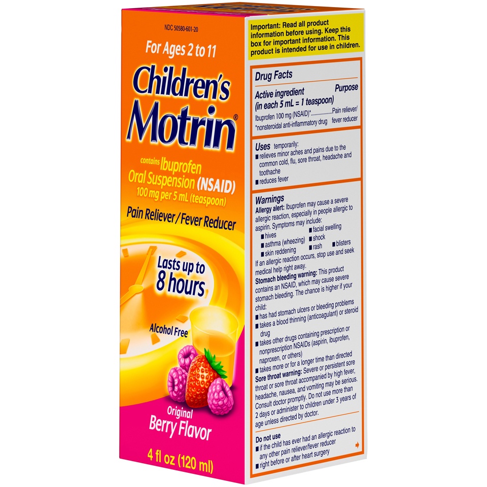 slide 3 of 6, Children's Motrin Oral Suspension Medicine Ibuprofen, Kids Fever Reducer & Pain Reliever for Minor Aches & Pains Due to Cold & Flu, Alcohol-Free, Berry Flavored, 4 oz