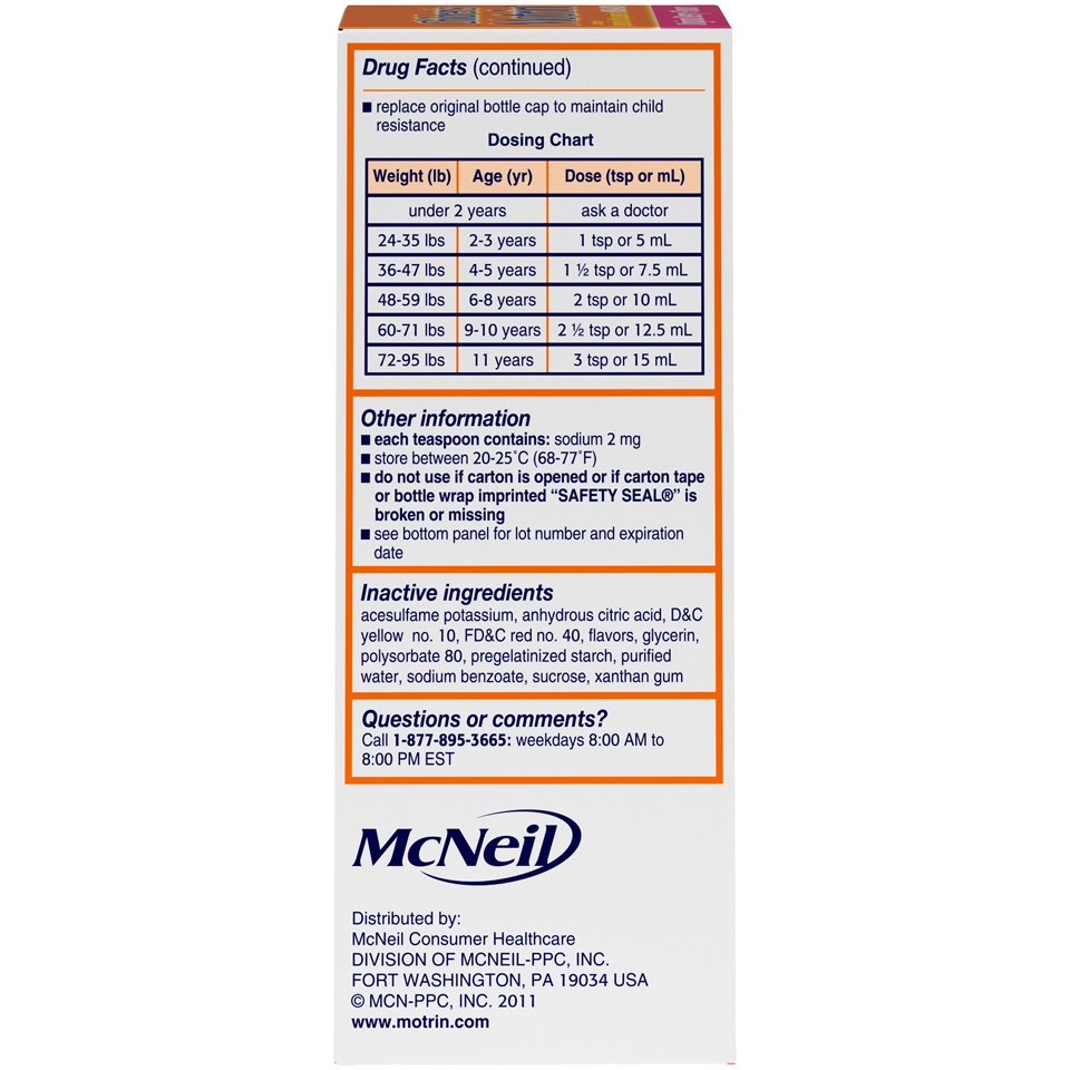 slide 4 of 6, Children's Motrin Oral Suspension Medicine Ibuprofen, Kids Fever Reducer & Pain Reliever for Minor Aches & Pains Due to Cold & Flu, Alcohol-Free, Berry Flavored, 4 oz